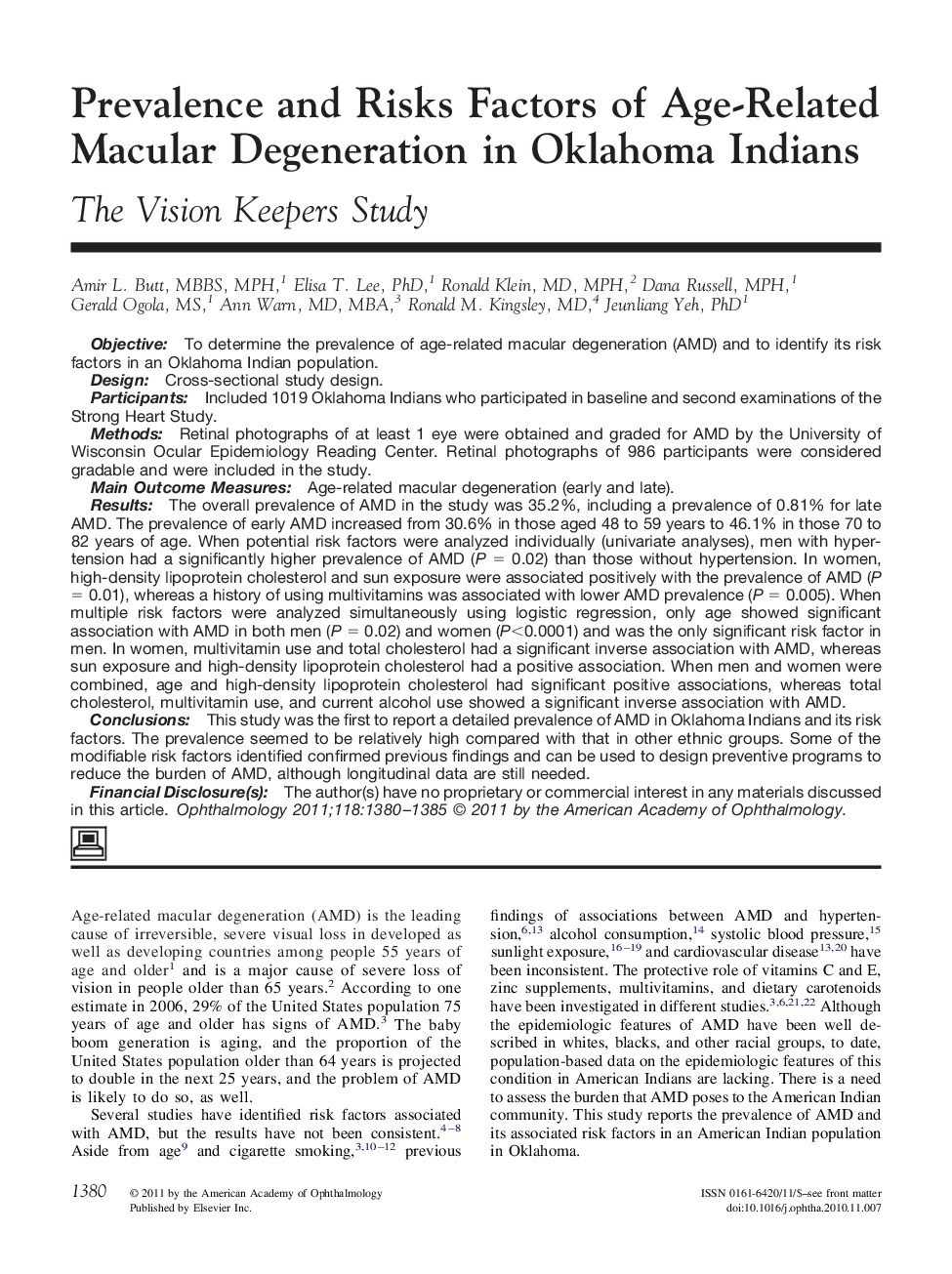 Prevalence and Risks Factors of Age-Related Macular Degeneration in Oklahoma Indians : The Vision Keepers Study