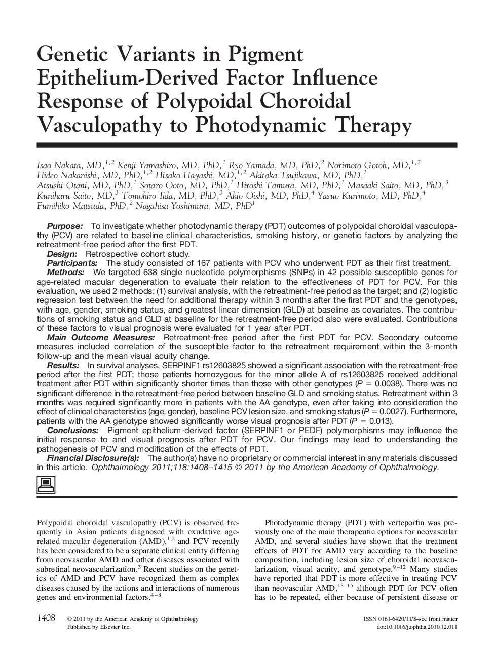 Genetic Variants in Pigment Epithelium-Derived Factor Influence Response of Polypoidal Choroidal Vasculopathy to Photodynamic Therapy