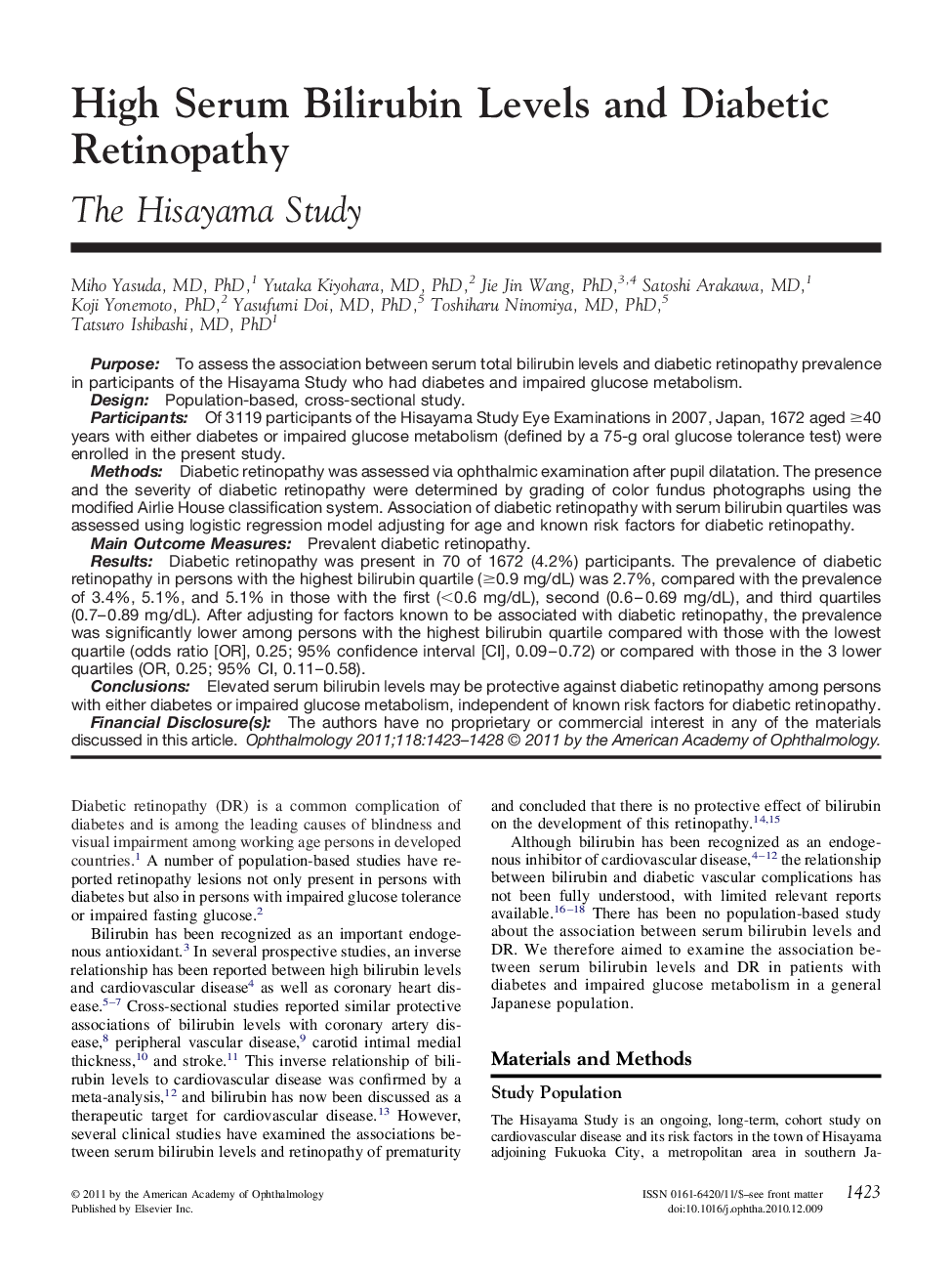 High Serum Bilirubin Levels and Diabetic Retinopathy
