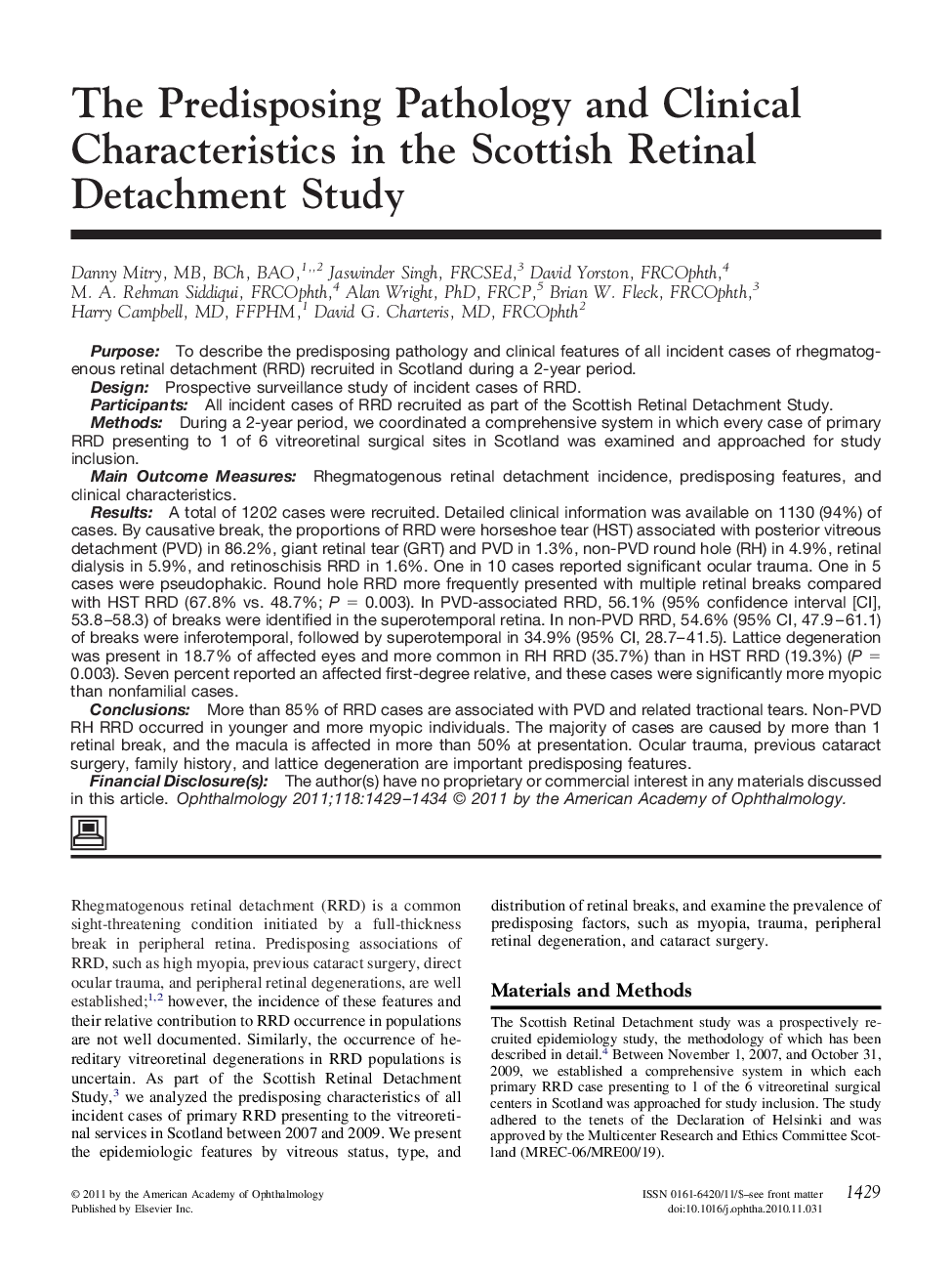 The Predisposing Pathology and Clinical Characteristics in the Scottish Retinal Detachment Study