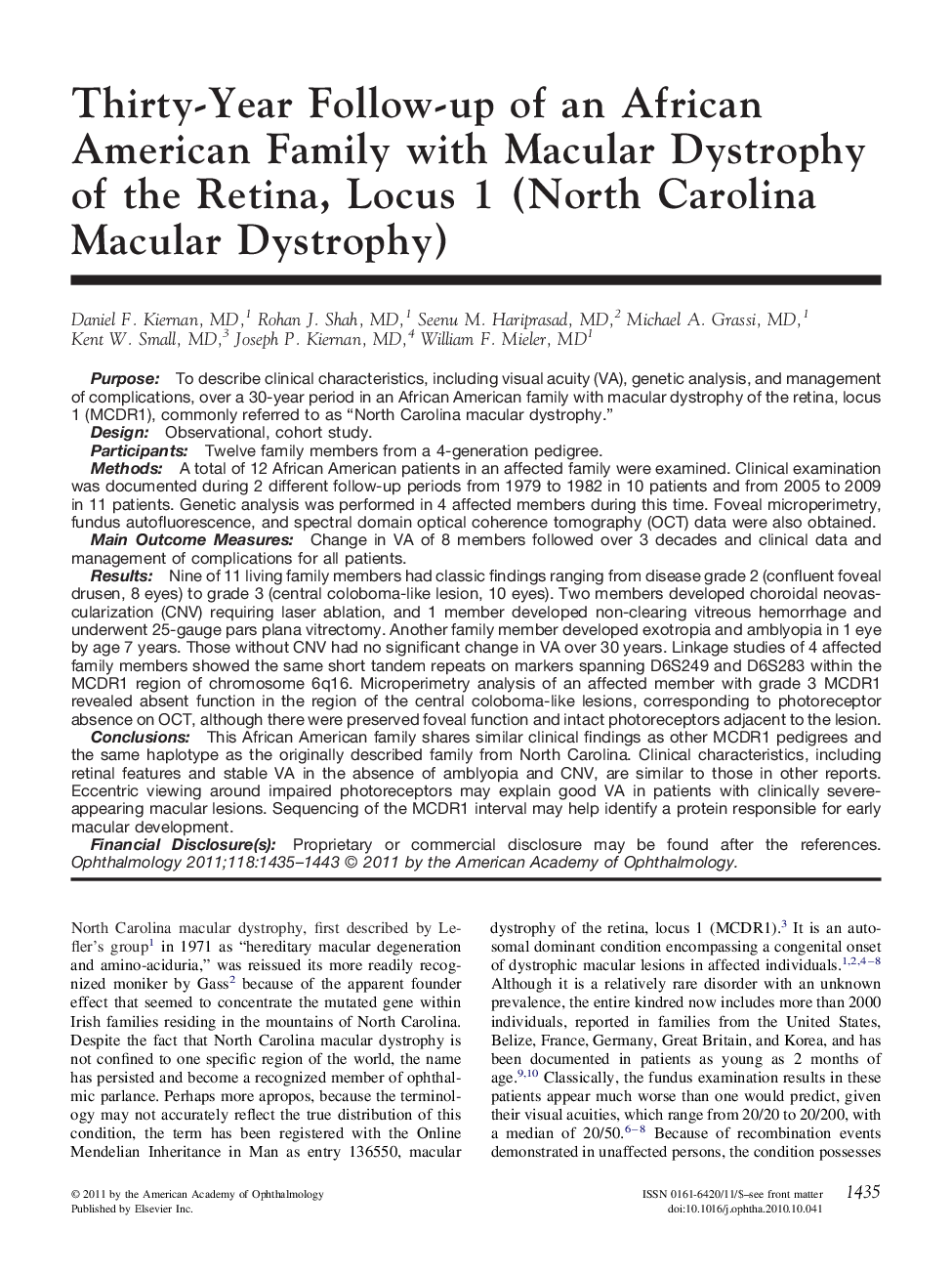 Thirty-Year Follow-up of an African American Family with Macular Dystrophy of the Retina, Locus 1 (North Carolina Macular Dystrophy)
