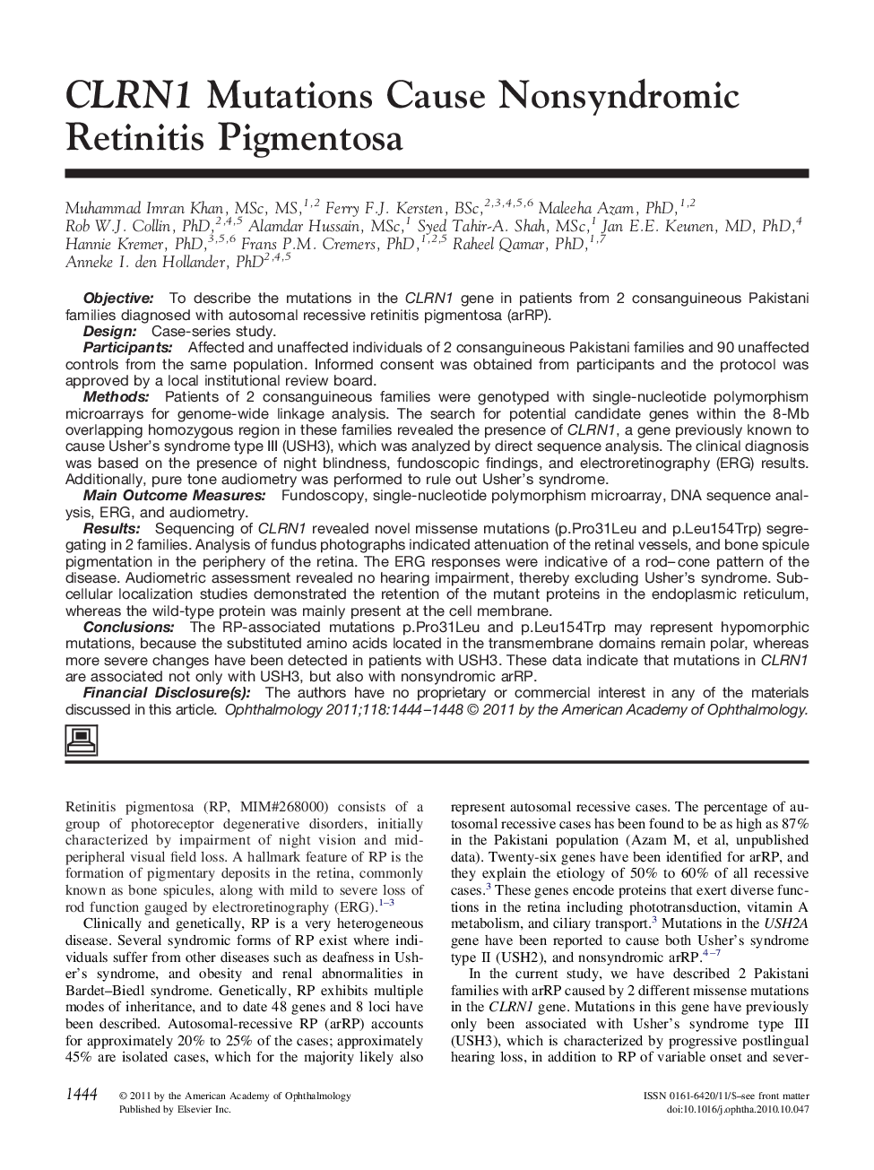 CLRN1 Mutations Cause Nonsyndromic Retinitis Pigmentosa