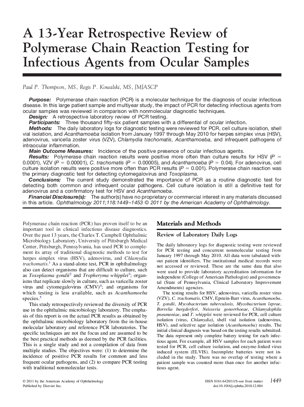 A 13-Year Retrospective Review of Polymerase Chain Reaction Testing for Infectious Agents from Ocular Samples