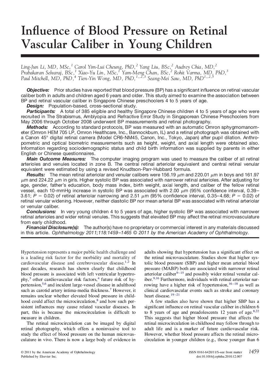 Influence of Blood Pressure on Retinal Vascular Caliber in Young Children 