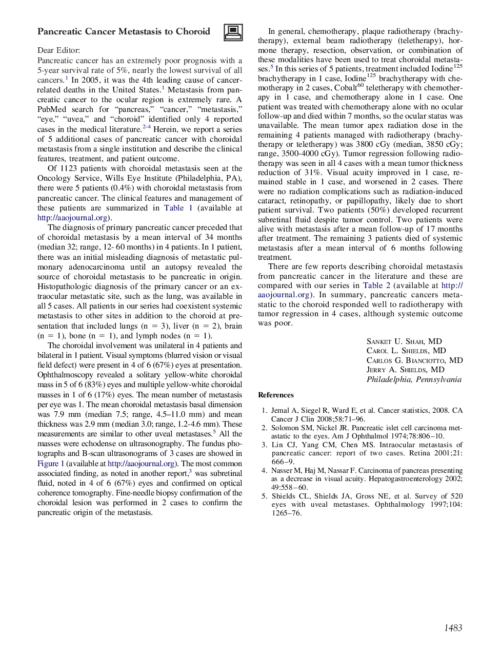 Pancreatic Cancer Metastasis to Choroid