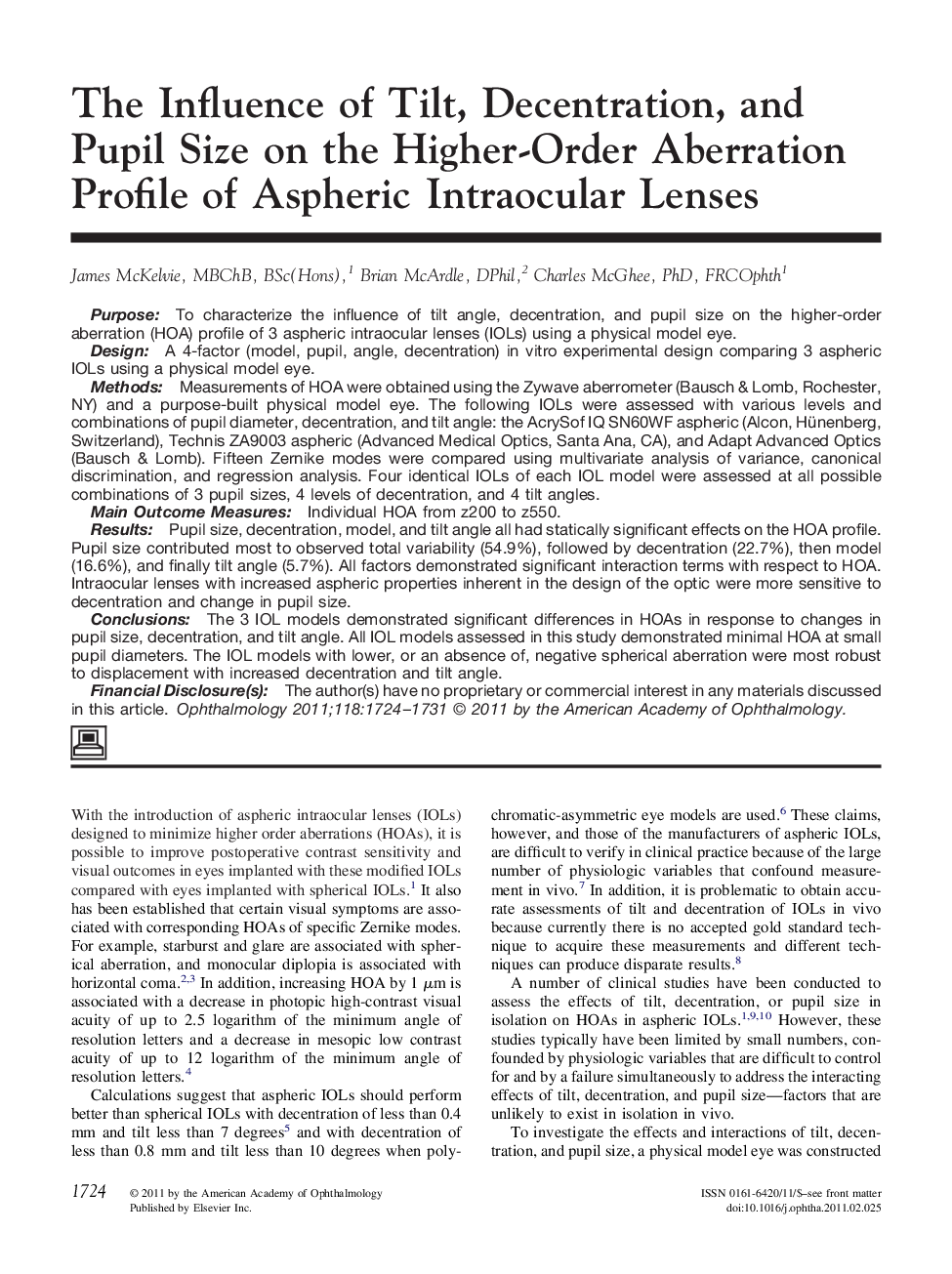 The Influence of Tilt, Decentration, and Pupil Size on the Higher-Order Aberration Profile of Aspheric Intraocular Lenses