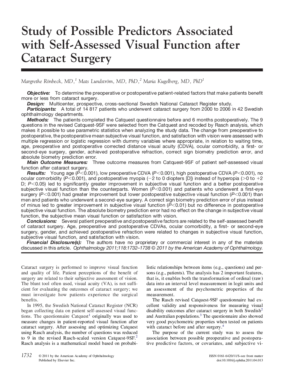 Study of Possible Predictors Associated with Self-Assessed Visual Function after Cataract Surgery