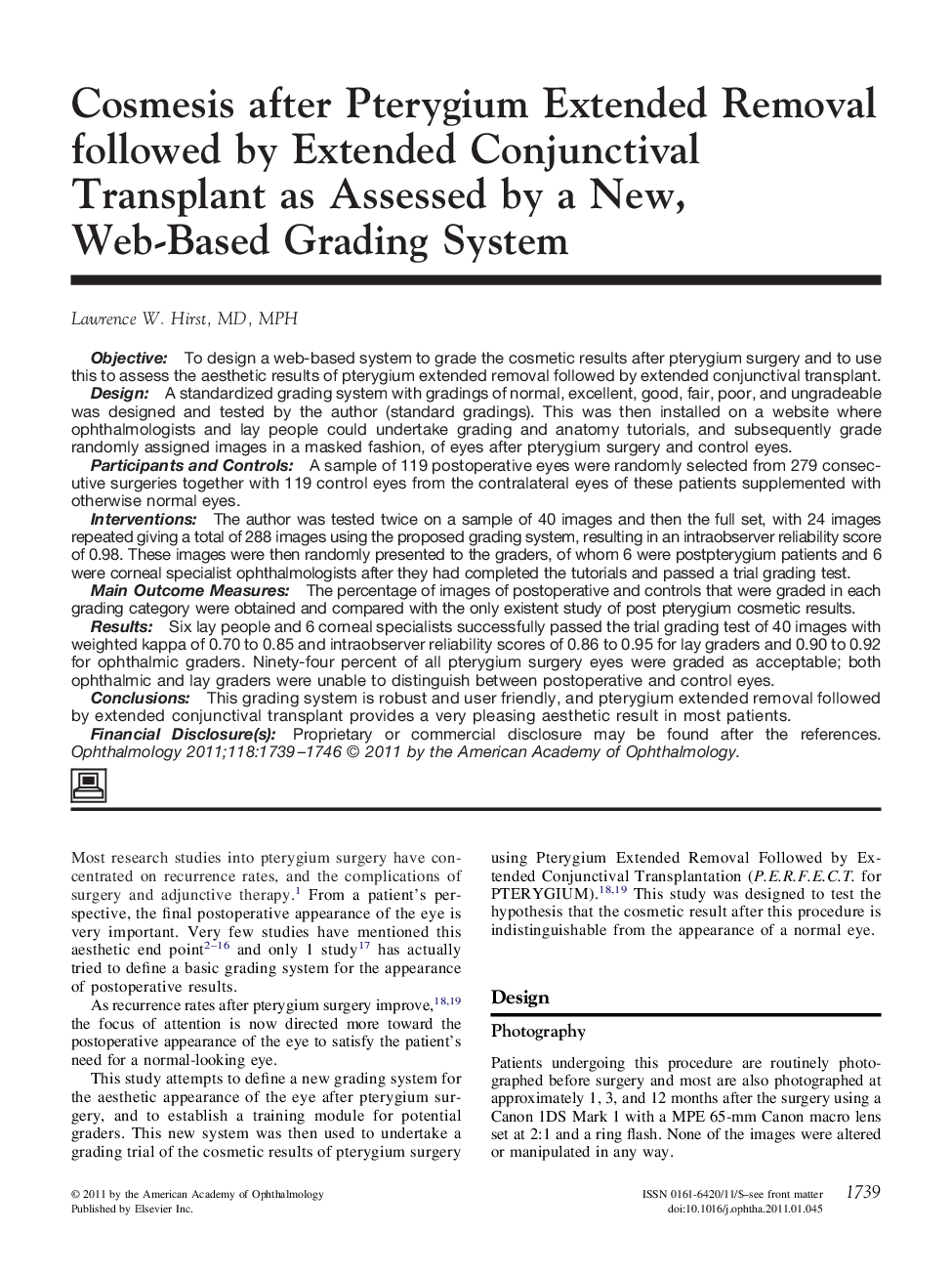 Cosmesis after Pterygium Extended Removal followed by Extended Conjunctival Transplant as Assessed by a New, Web-Based Grading System