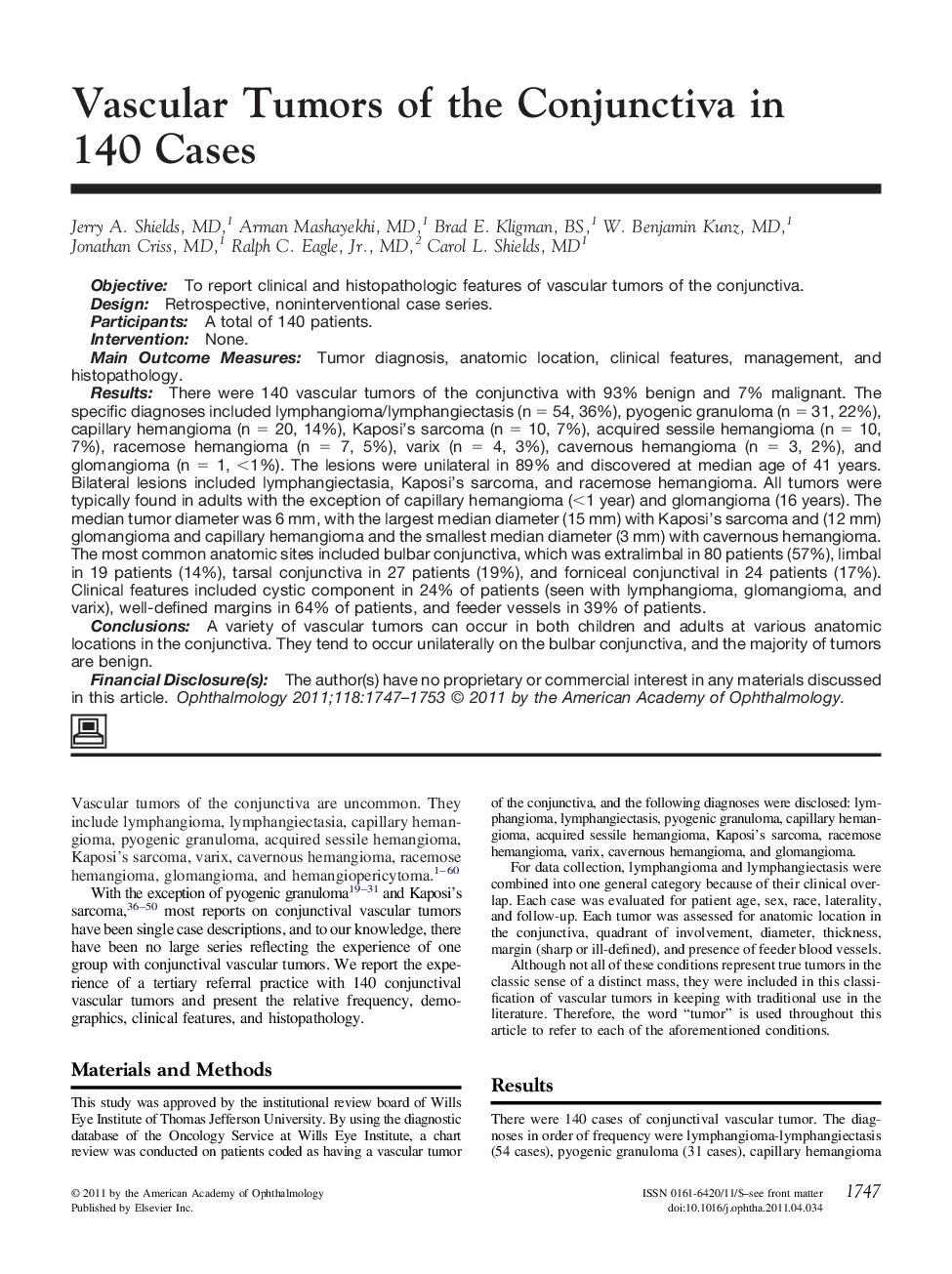 Vascular Tumors of the Conjunctiva in 140 Cases 