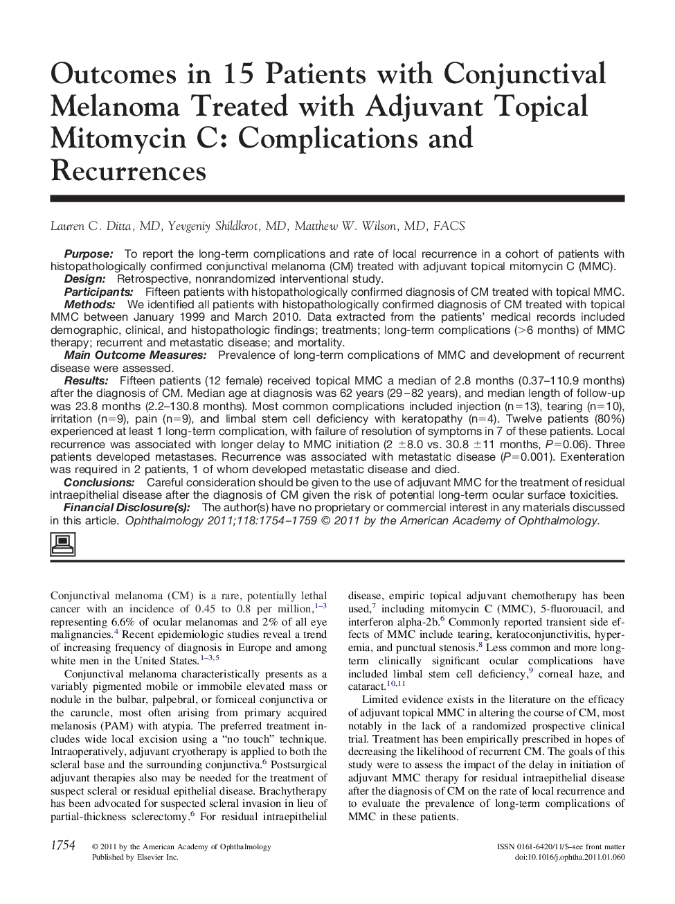 Outcomes in 15 Patients with Conjunctival Melanoma Treated with Adjuvant Topical Mitomycin C: Complications and Recurrences