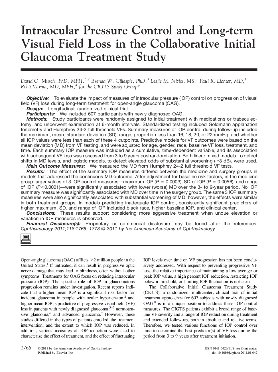Intraocular Pressure Control and Long-term Visual Field Loss in the Collaborative Initial Glaucoma Treatment Study