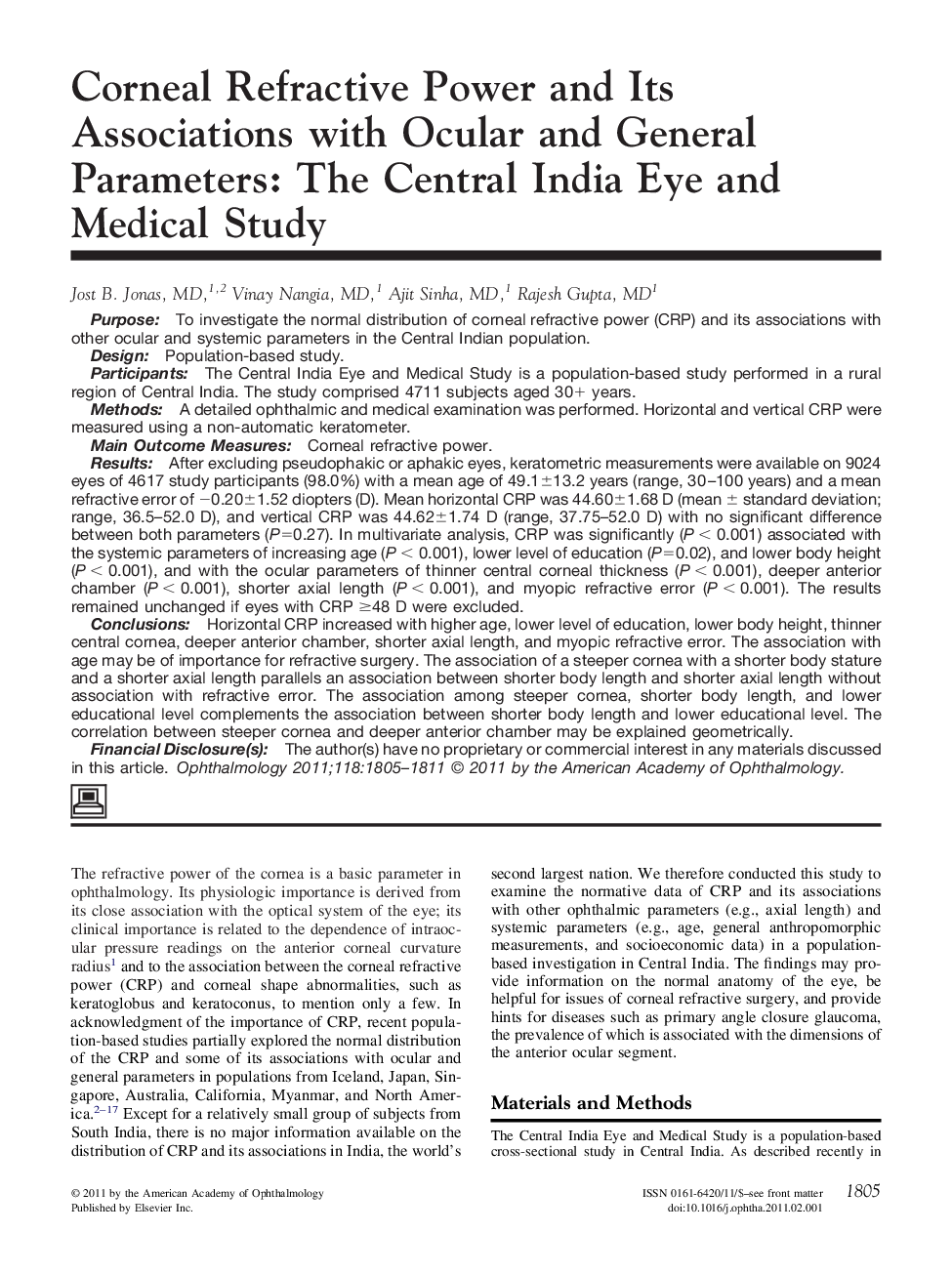 Corneal Refractive Power and Its Associations with Ocular and General Parameters: The Central India Eye and Medical Study