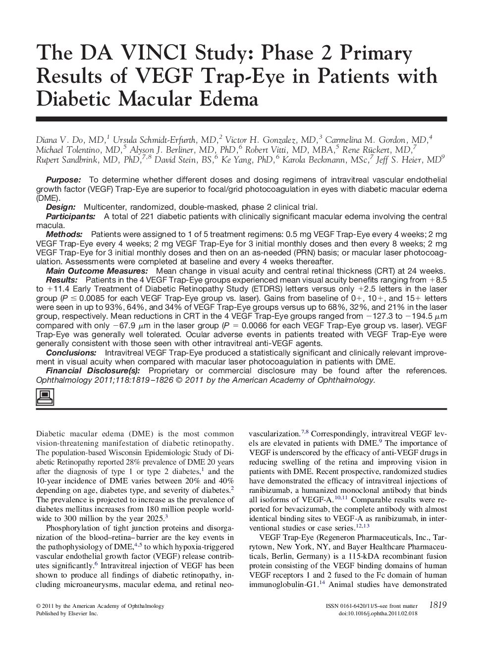 The DA VINCI Study: Phase 2 Primary Results of VEGF Trap-Eye in Patients with Diabetic Macular Edema