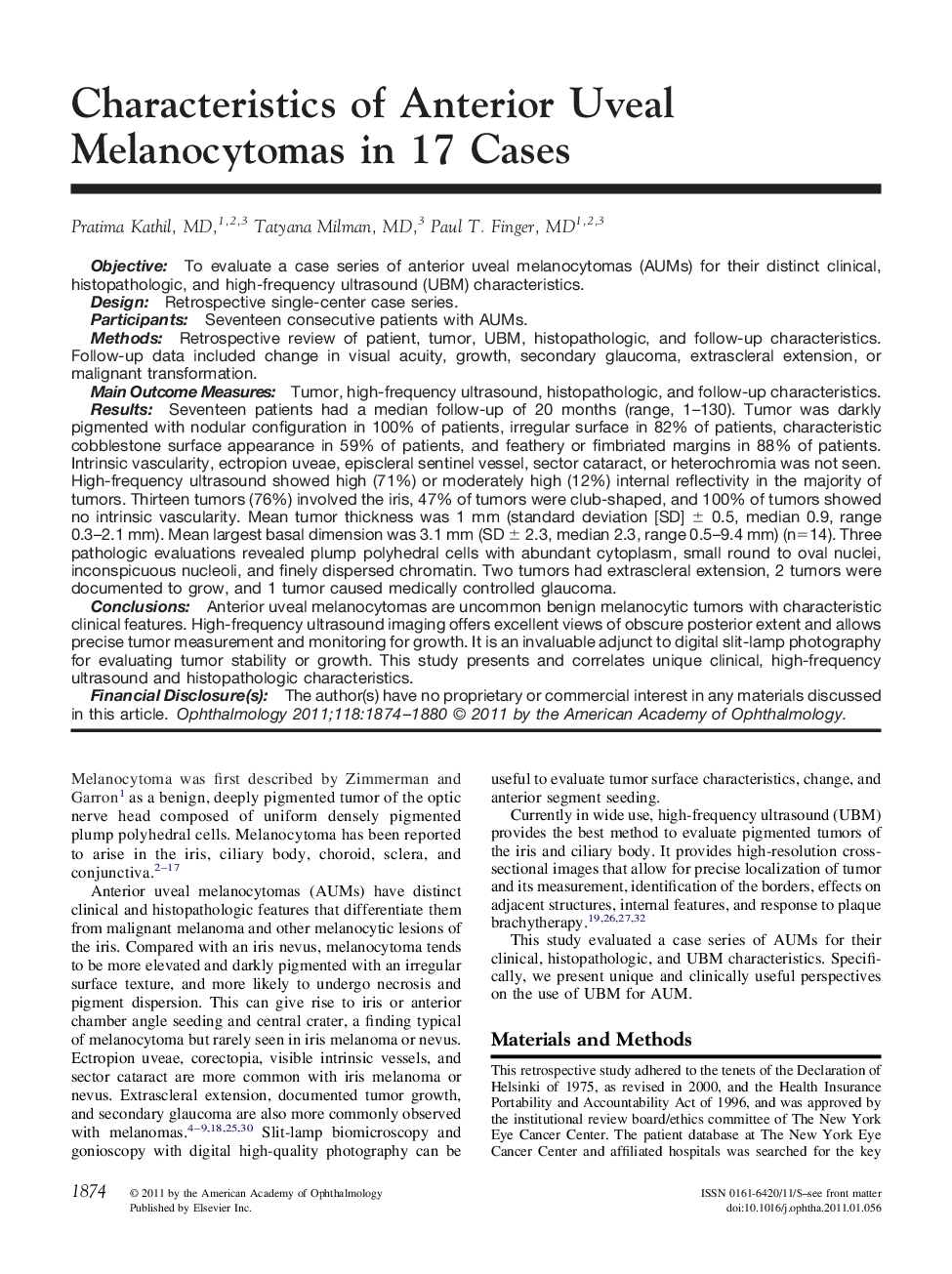 Characteristics of Anterior Uveal Melanocytomas in 17 Cases