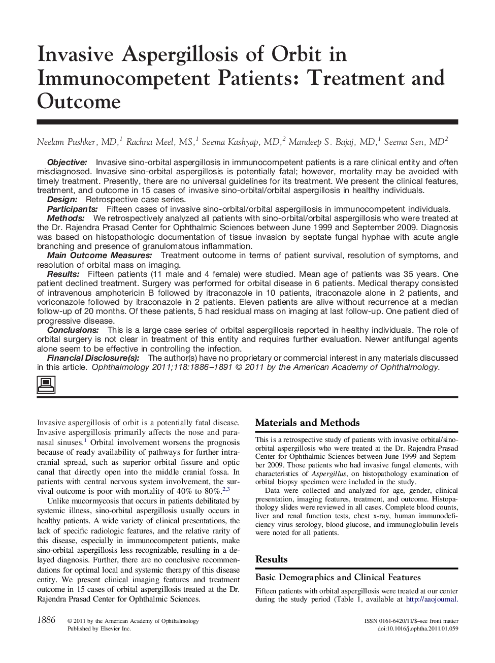 Invasive Aspergillosis of Orbit in Immunocompetent Patients: Treatment and Outcome