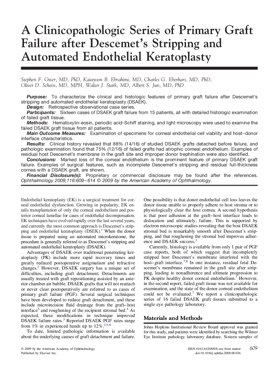 A Clinicopathologic Series of Primary Graft Failure after Descemet's Stripping and Automated Endothelial Keratoplasty