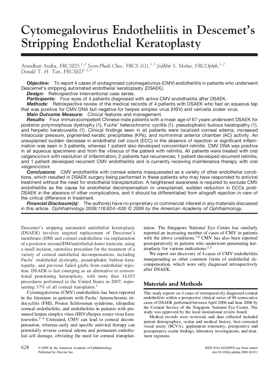 Cytomegalovirus Endotheliitis in Descemet's Stripping Endothelial Keratoplasty 