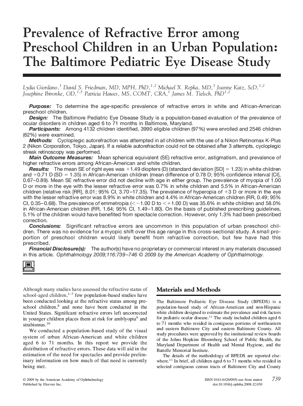 Prevalence of Refractive Error among Preschool Children in an Urban Population: The Baltimore Pediatric Eye Disease Study