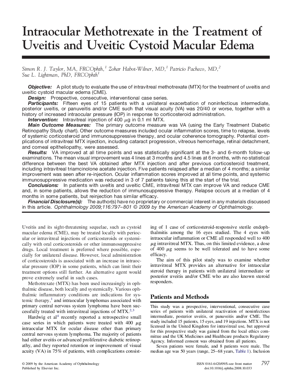 Intraocular Methotrexate in the Treatment of Uveitis and Uveitic Cystoid Macular Edema
