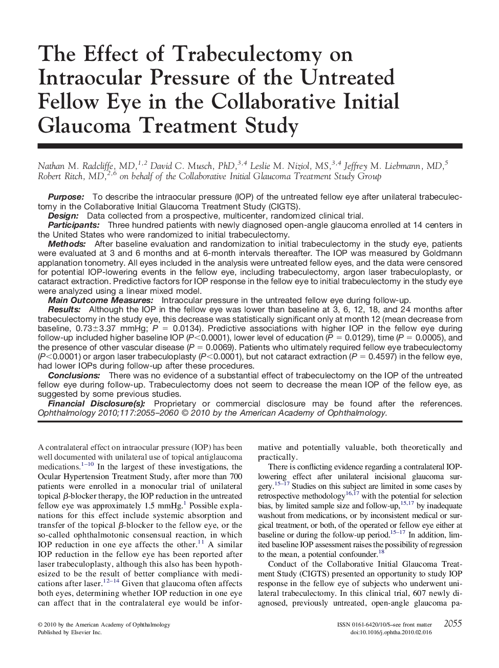 The Effect of Trabeculectomy on Intraocular Pressure of the Untreated Fellow Eye in the Collaborative Initial Glaucoma Treatment Study