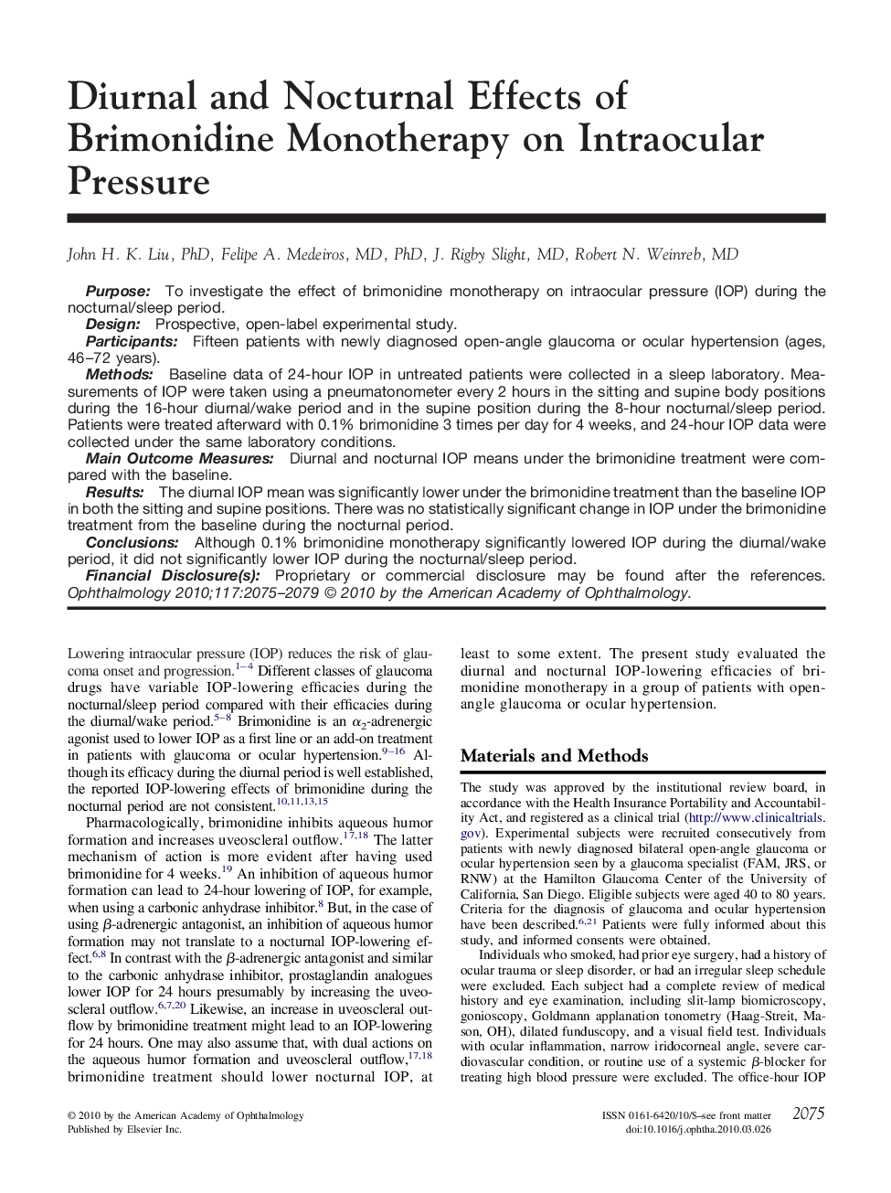 Diurnal and Nocturnal Effects of Brimonidine Monotherapy on Intraocular Pressure