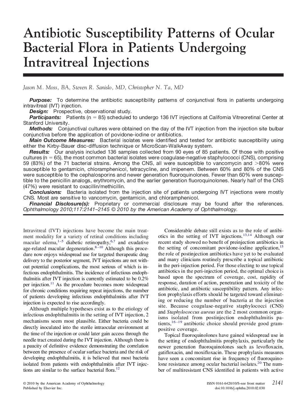 عکس صفحه اول مقاله: Antibiotic Susceptibility Patterns of Ocular Bacterial Flora in Patients Undergoing Intravitreal Injections Antibiotic Susceptibility Patterns of Ocular Bacterial Flora in Patients Undergoing Intravitreal Injections
