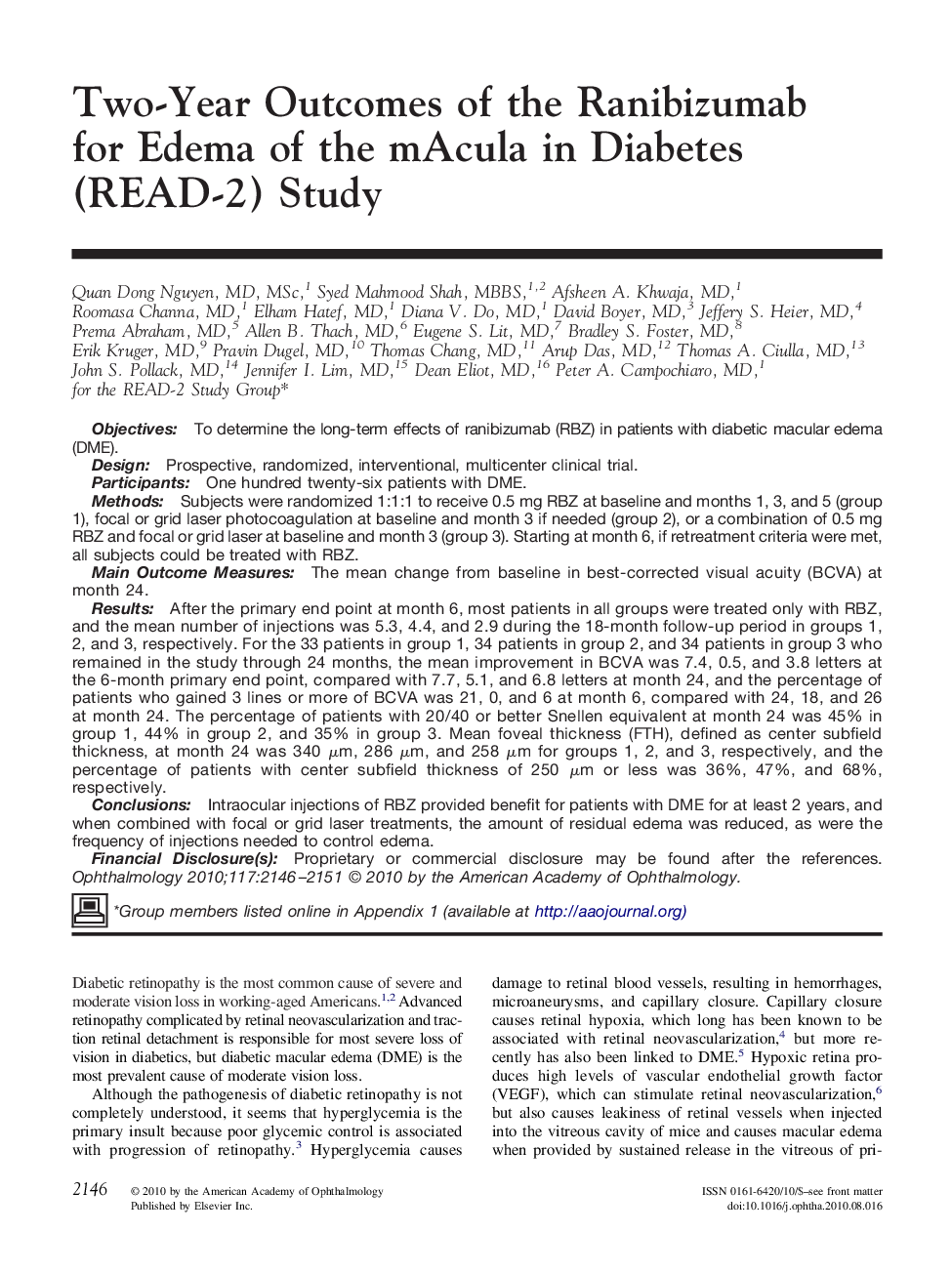 Two-Year Outcomes of the Ranibizumab for Edema of the mAcula in Diabetes (READ-2) Study