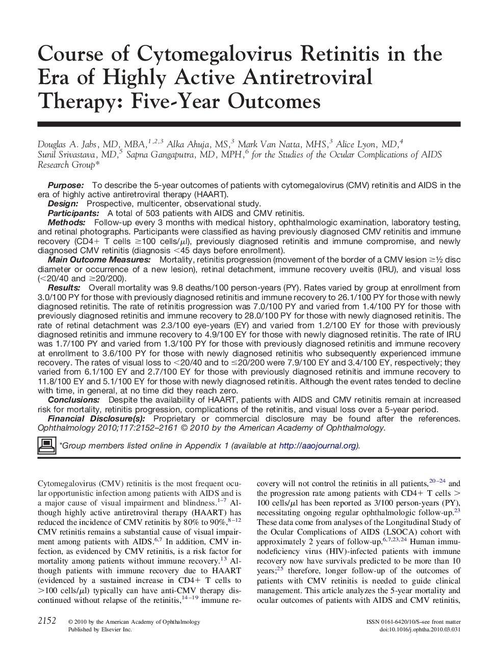 Course of Cytomegalovirus Retinitis in the Era of Highly Active Antiretroviral Therapy: Five-Year Outcomes