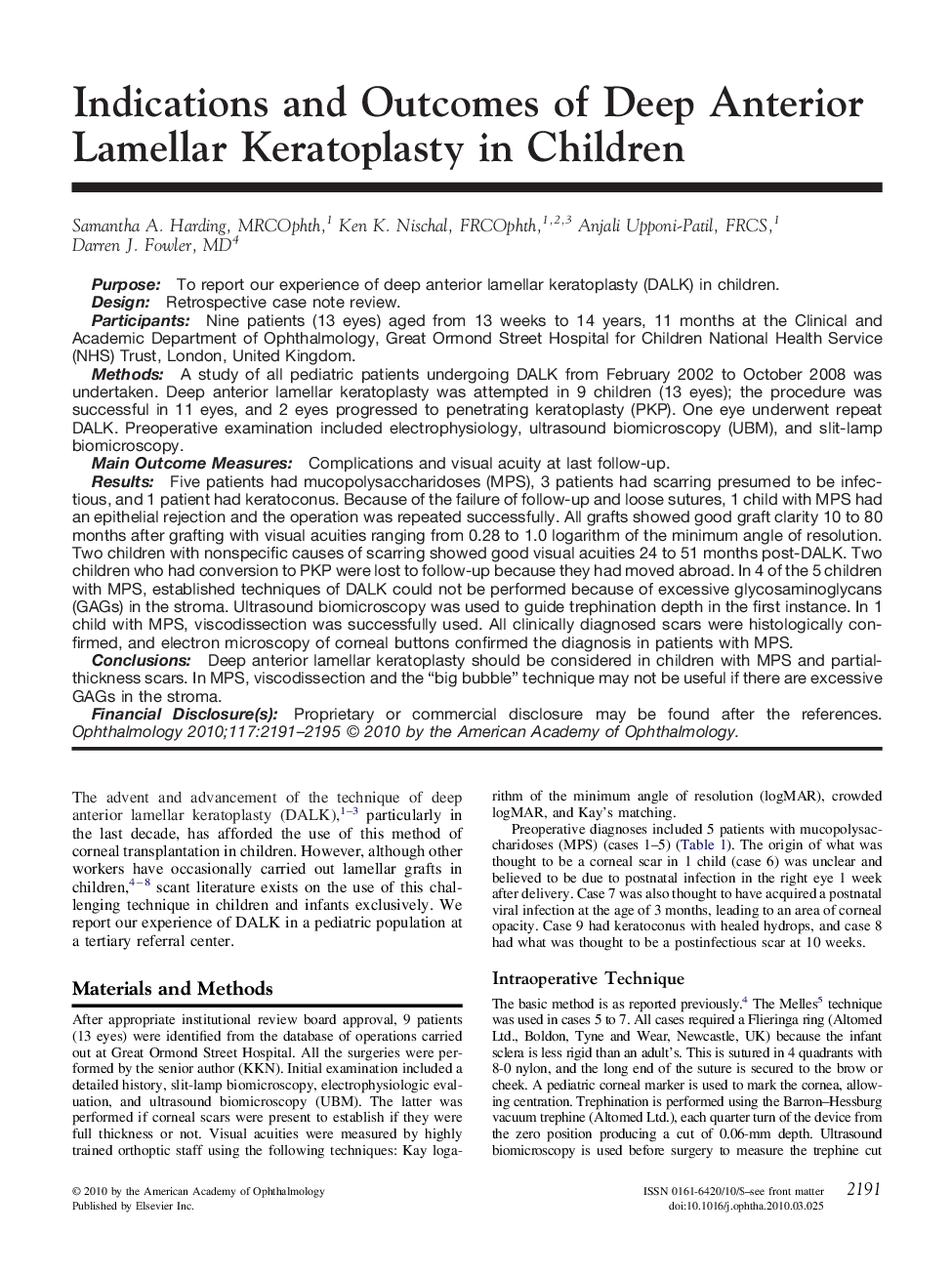 Indications and Outcomes of Deep Anterior Lamellar Keratoplasty in Children 