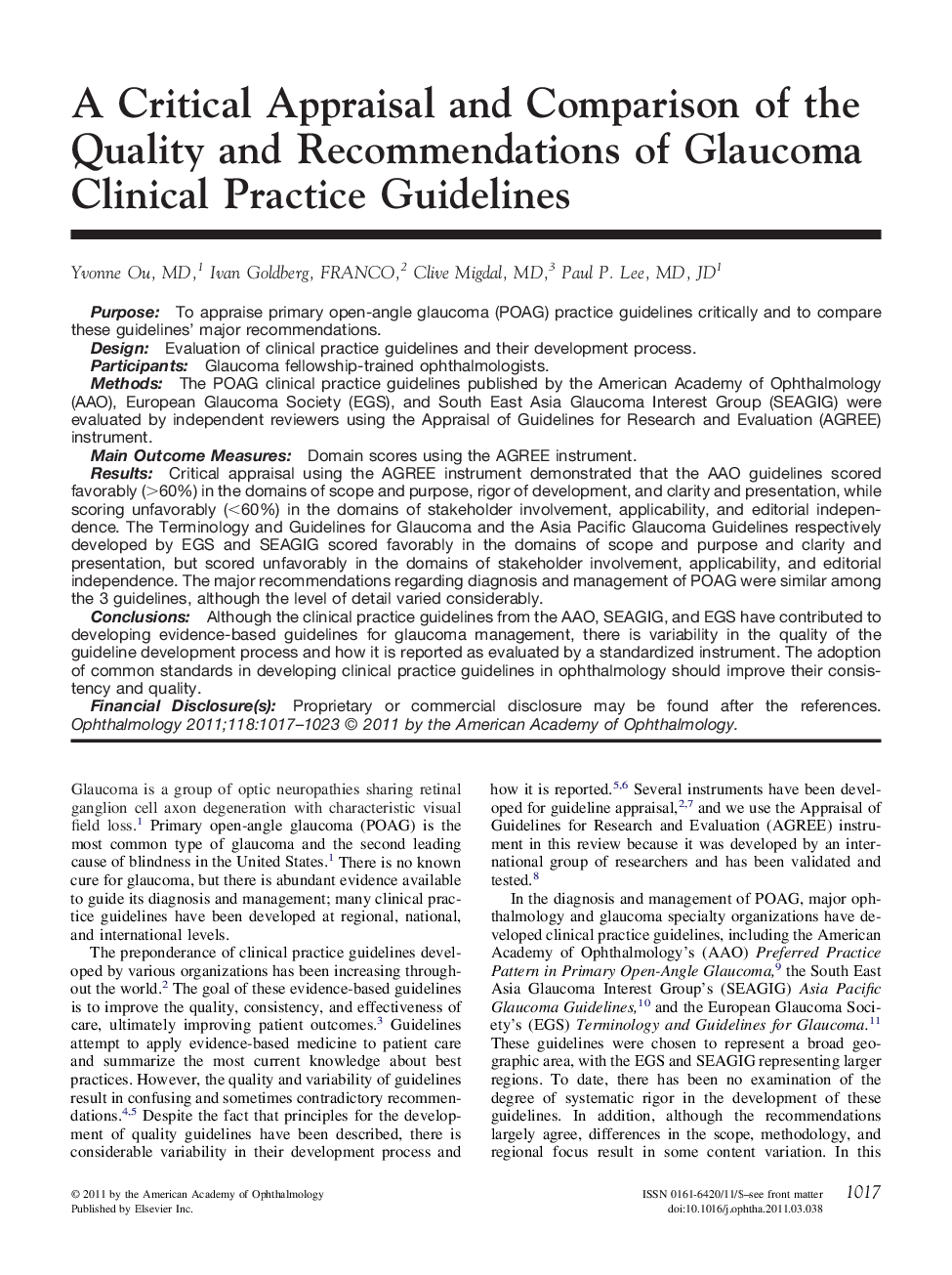 A Critical Appraisal and Comparison of the Quality and Recommendations of Glaucoma Clinical Practice Guidelines 