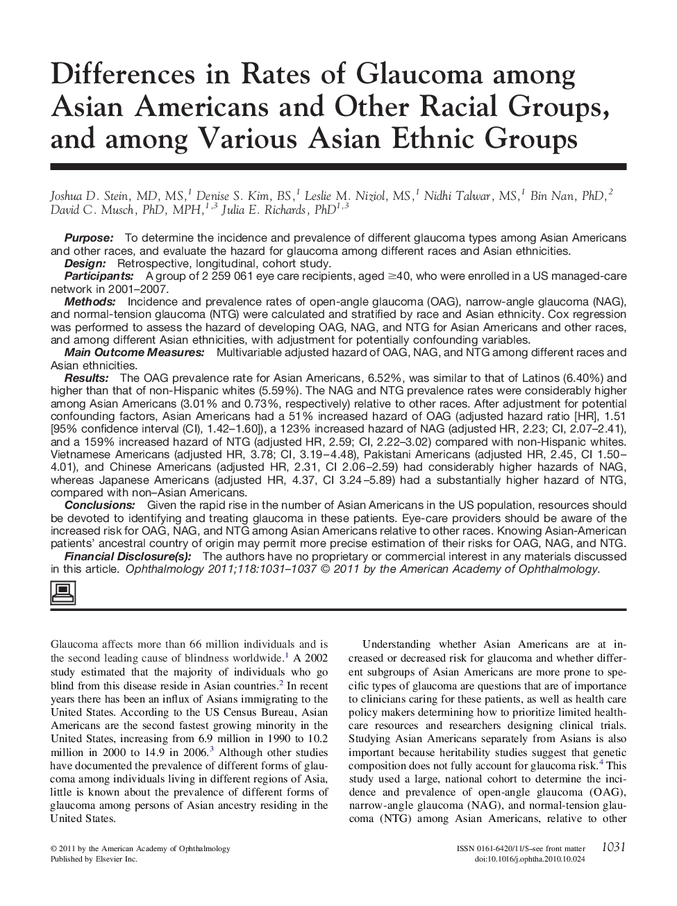 Differences in Rates of Glaucoma among Asian Americans and Other Racial Groups, and among Various Asian Ethnic Groups