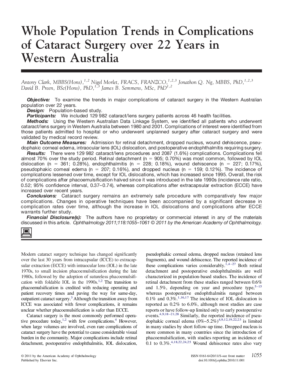 عکس صفحه اول مقاله: Whole Population Trends in Complications of Cataract Surgery over 22 Years in Western Australia Whole Population Trends in Complications of Cataract Surgery over 22 Years in Western Australia