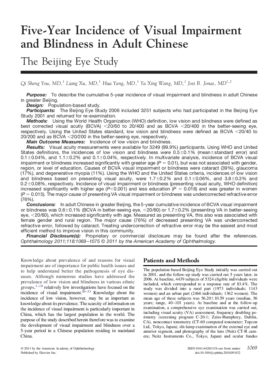 Five-Year Incidence of Visual Impairment and Blindness in Adult Chinese