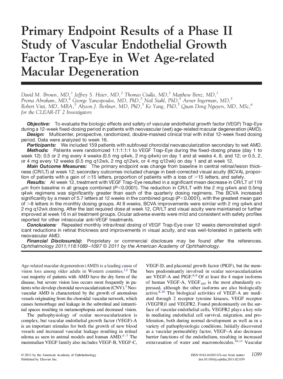 Primary Endpoint Results of a Phase II Study of Vascular Endothelial Growth Factor Trap-Eye in Wet Age-related Macular Degeneration