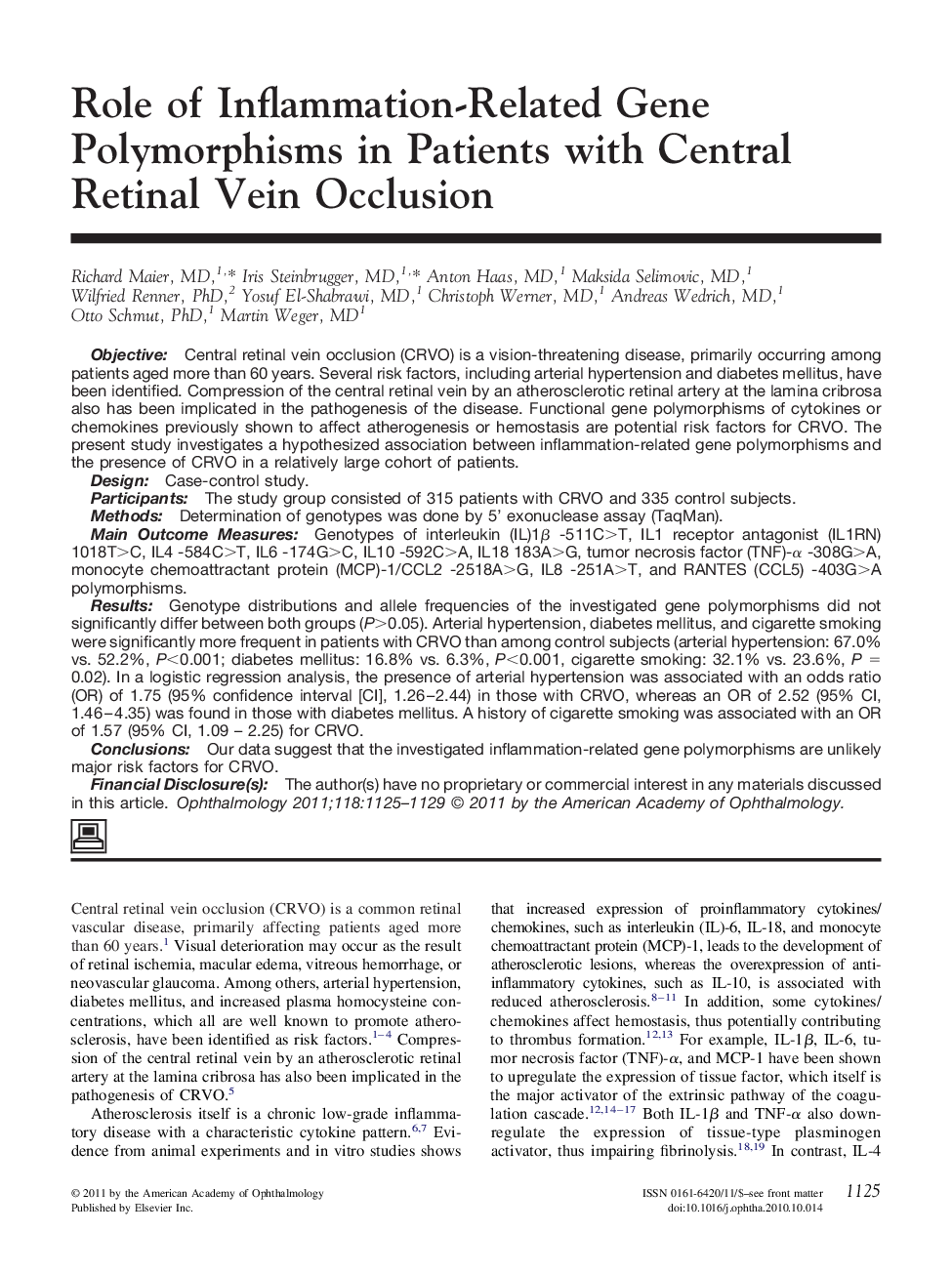 Role of Inflammation-Related Gene Polymorphisms in Patients with Central Retinal Vein Occlusion