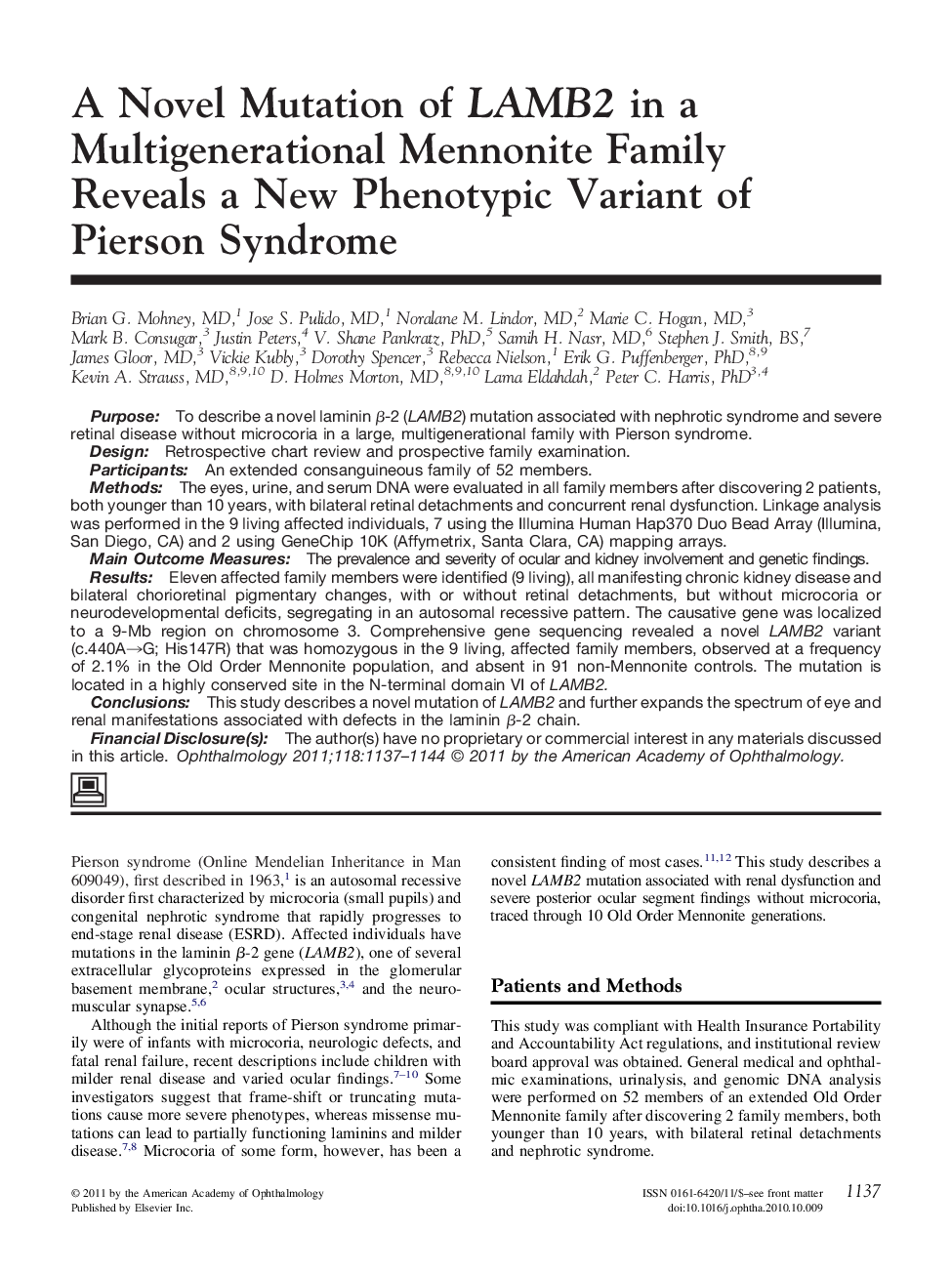 A Novel Mutation of LAMB2 in a Multigenerational Mennonite Family Reveals a New Phenotypic Variant of Pierson Syndrome