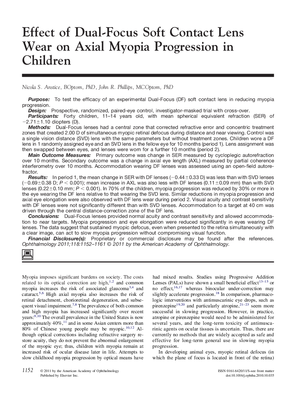 Effect of Dual-Focus Soft Contact Lens Wear on Axial Myopia Progression in Children 