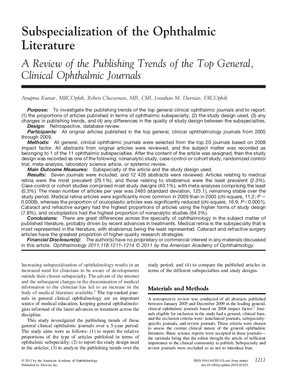 Subspecialization of the Ophthalmic Literature : A Review of the Publishing Trends of the Top General, Clinical Ophthalmic Journals