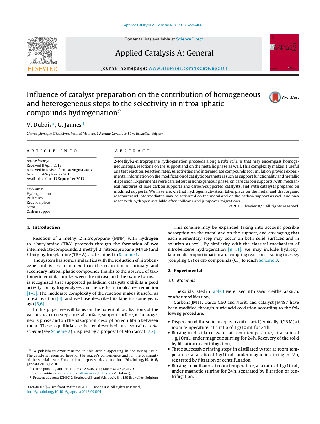 Influence of catalyst preparation on the contribution of homogeneous and heterogeneous steps to the selectivity in nitroaliphatic compounds hydrogenation 