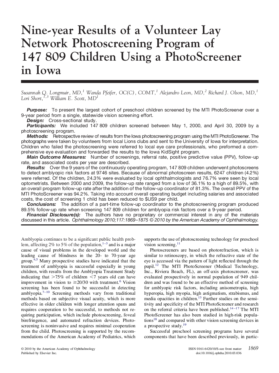 Nine-year Results of a Volunteer Lay Network Photoscreening Program of 147 809 Children Using a PhotoScreener in Iowa