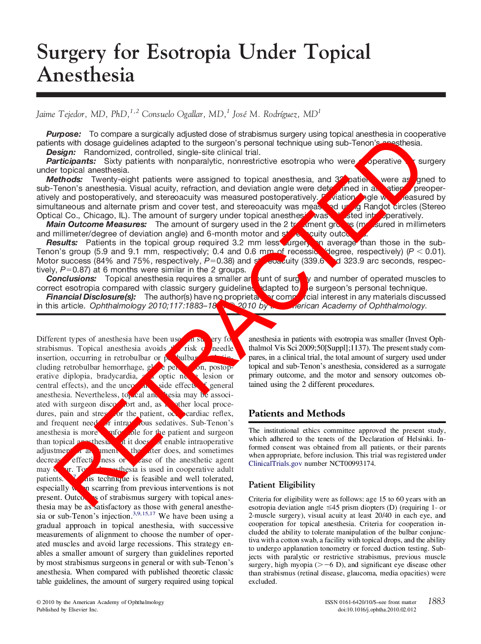 RETRACTED: Surgery for Esotropia Under Topical Anesthesia 