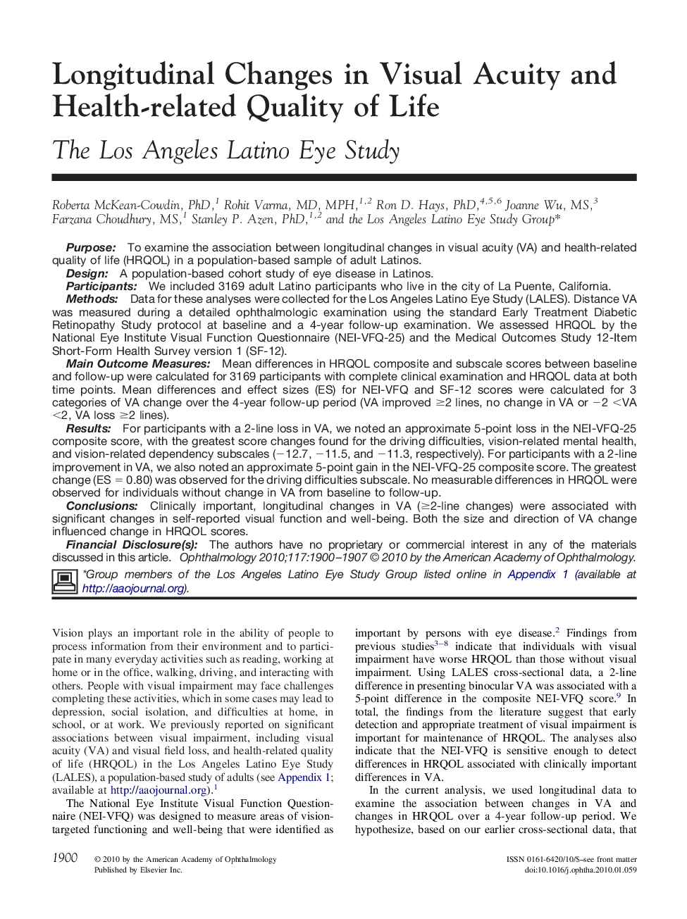 Longitudinal Changes in Visual Acuity and Health-related Quality of Life