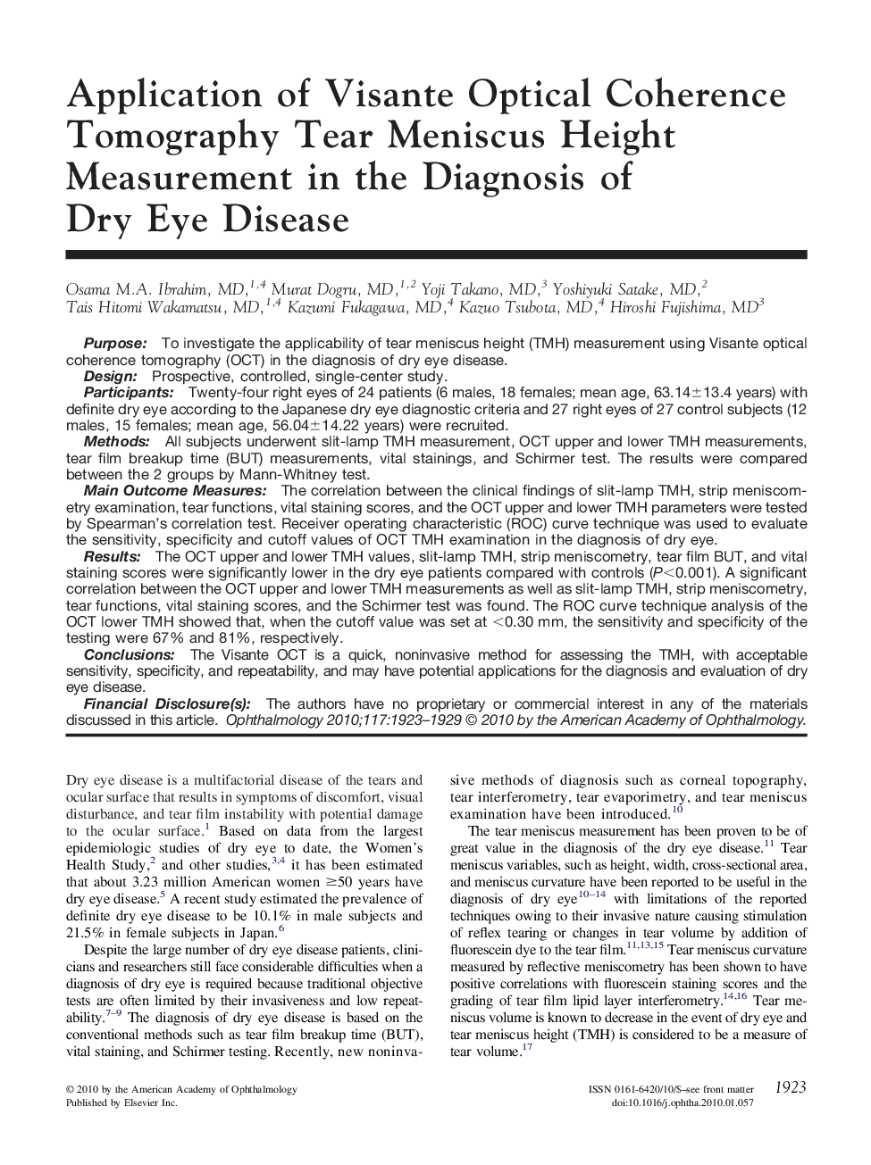 Application of Visante Optical Coherence Tomography Tear Meniscus Height Measurement in the Diagnosis of Dry Eye Disease