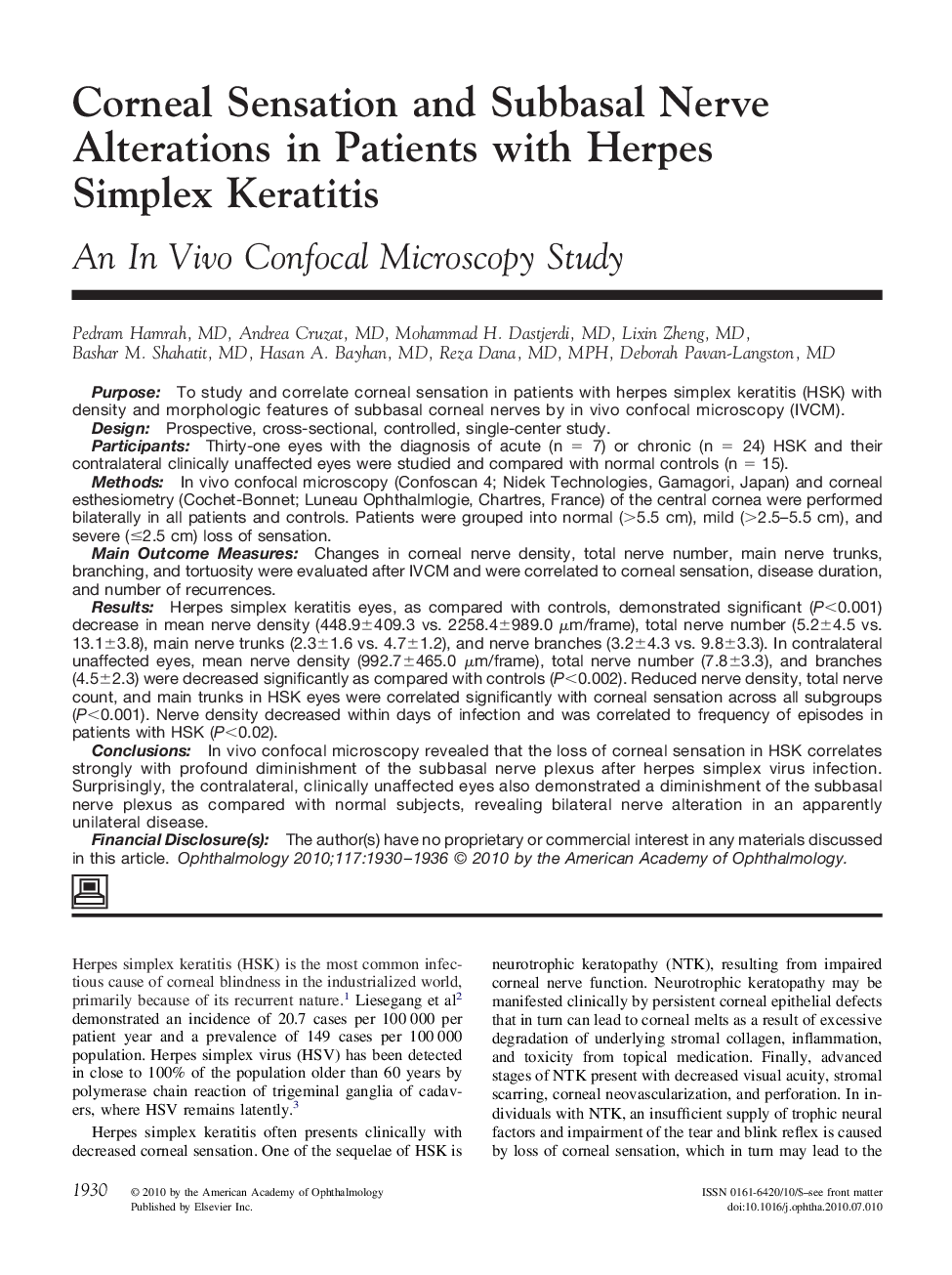 Corneal Sensation and Subbasal Nerve Alterations in Patients with Herpes Simplex Keratitis
