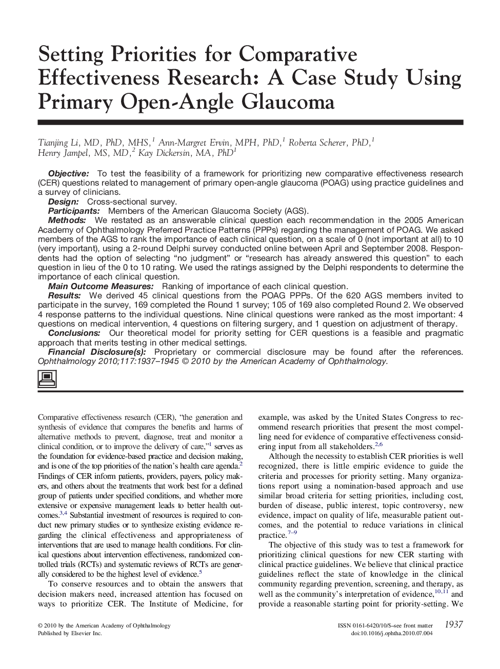 Setting Priorities for Comparative Effectiveness Research: A Case Study Using Primary Open-Angle Glaucoma 
