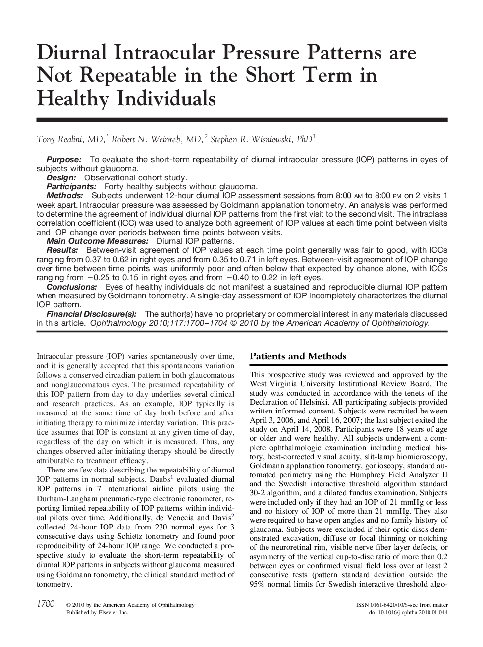 عکس صفحه اول مقاله: Diurnal Intraocular Pressure Patterns are Not Repeatable in the Short Term in Healthy Individuals Diurnal Intraocular Pressure Patterns are Not Repeatable in the Short Term in Healthy Individuals
