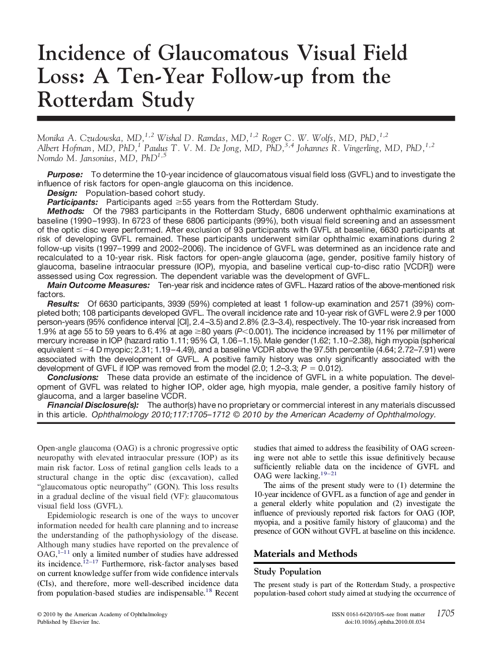 Incidence of Glaucomatous Visual Field Loss: A Ten-Year Follow-up from the Rotterdam Study