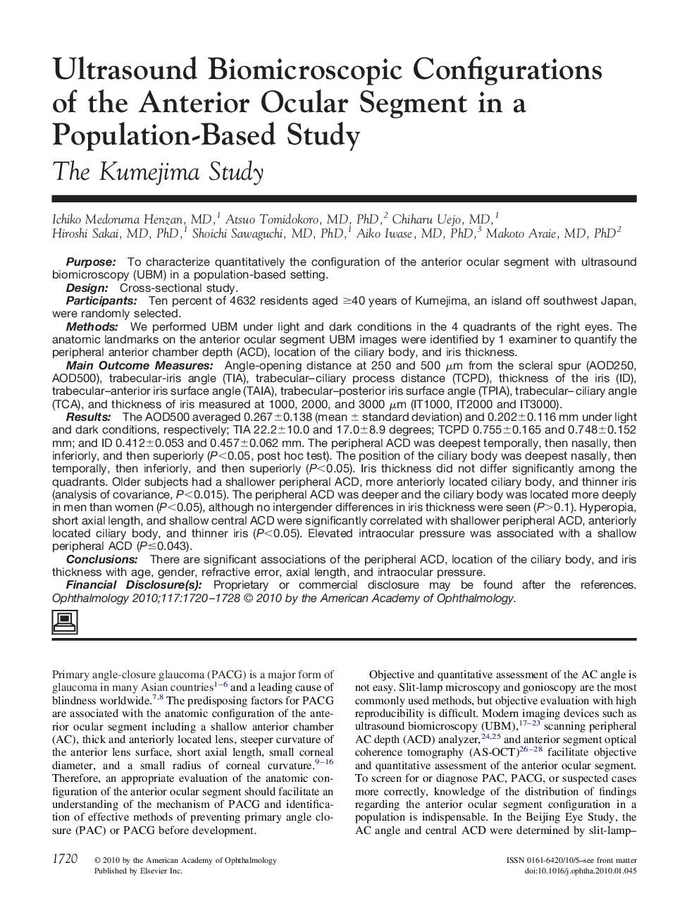 Ultrasound Biomicroscopic Configurations of the Anterior Ocular Segment in a Population-Based Study