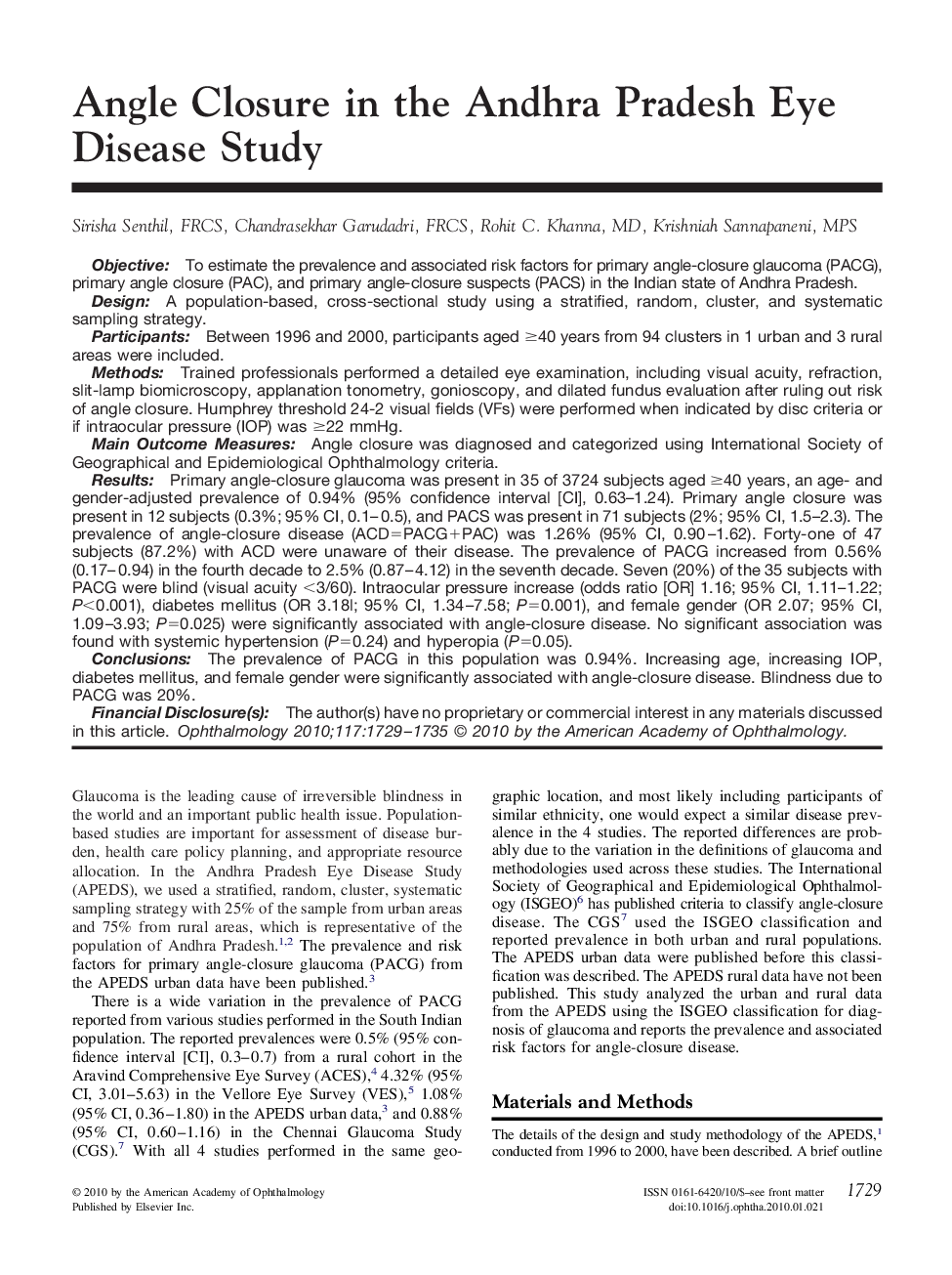 عکس صفحه اول مقاله: Angle Closure in the Andhra Pradesh Eye Disease Study Angle Closure in the Andhra Pradesh Eye Disease Study
