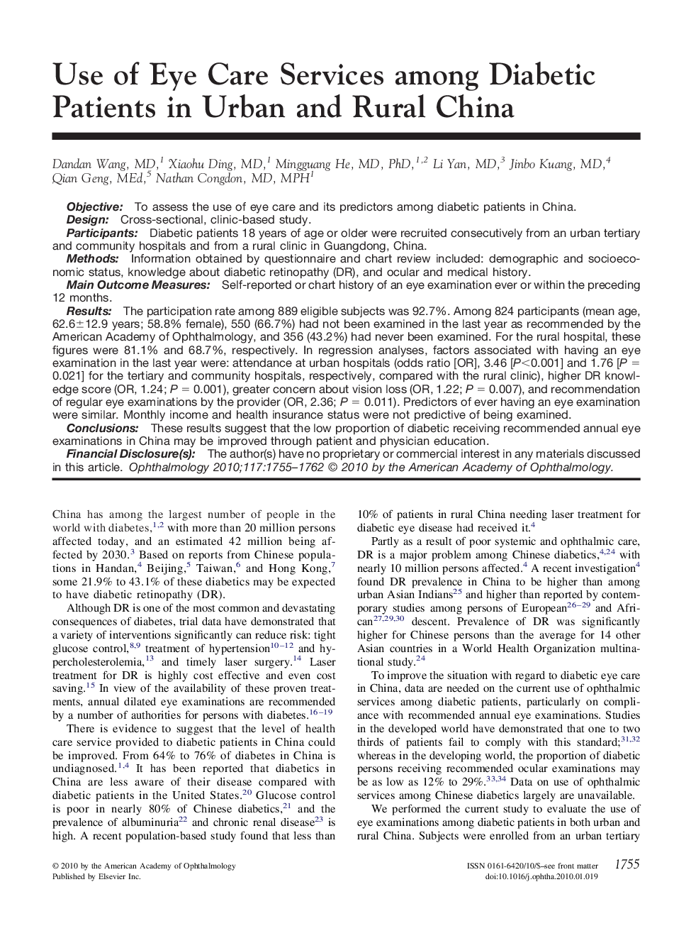 عکس صفحه اول مقاله: Use of Eye Care Services among Diabetic Patients in Urban and Rural China Use of Eye Care Services among Diabetic Patients in Urban and Rural China